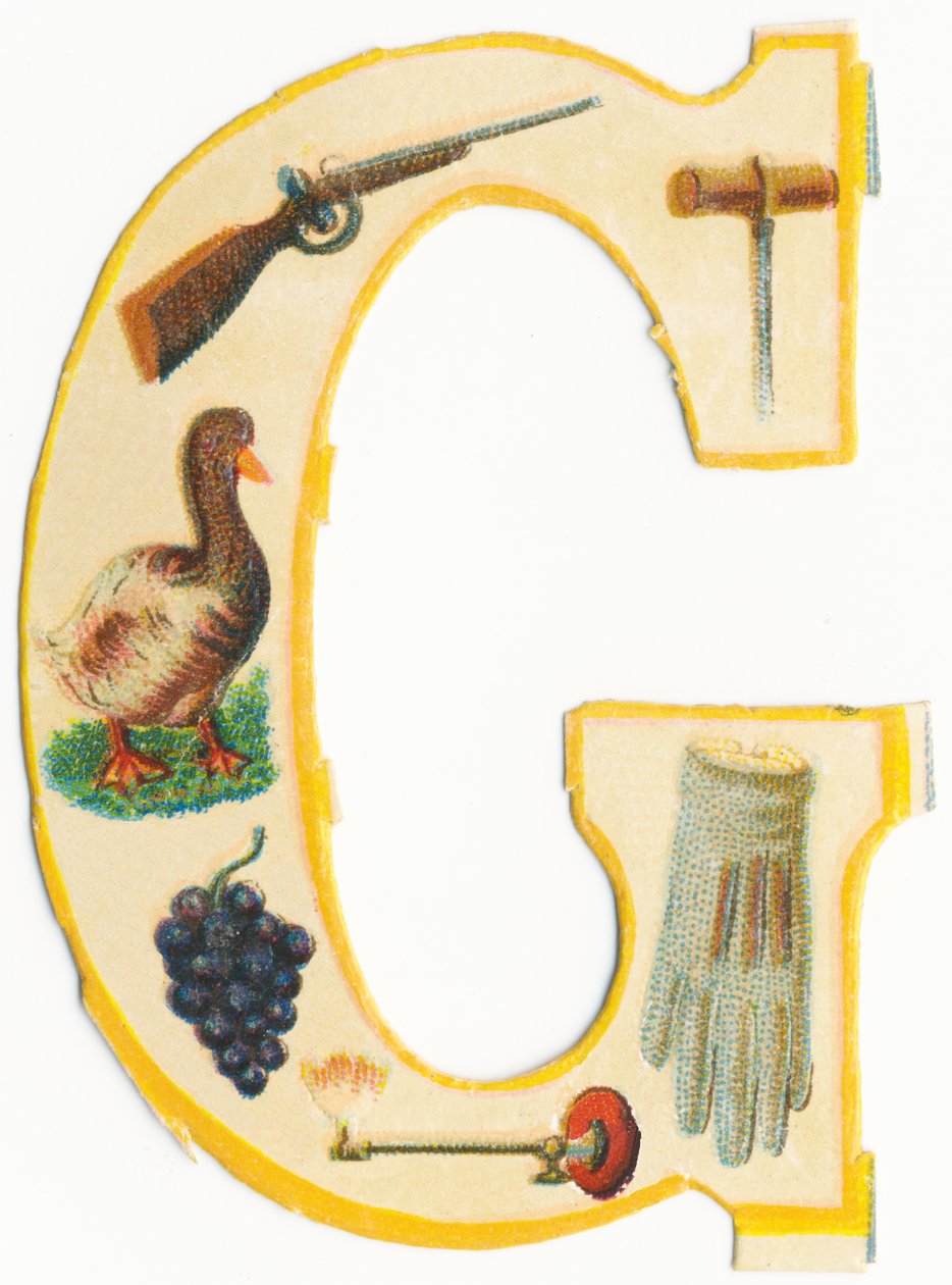 G: pistol, gimlet, gås, drue, gaslampe, handske (farve litho) af Unknown artist