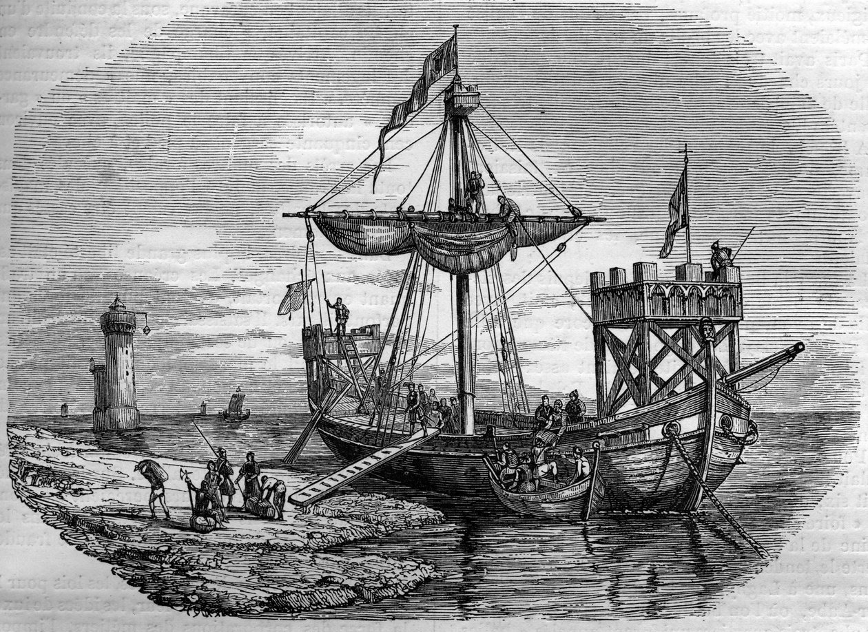 Galere i middelalderen. 1800-tals gravering. af Unknown artist
