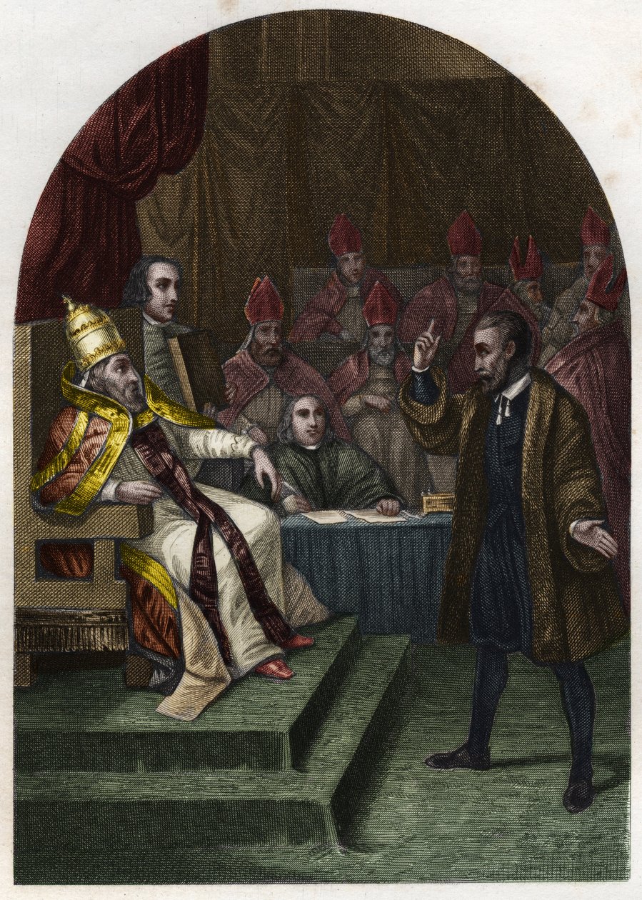 Galileo (eller Galileo Galilei (1564-1642) før pave Urban VIII i 1633. (Urbano 8 Maffeo Barberini) Indgravering fra 1842 i "Pavernes historie"" af Maurice Lachatre. Privat samling. af Unknown artist