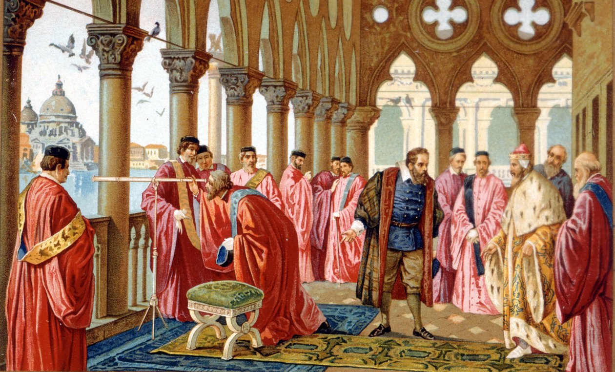 Galileo Galilei (1564 - 1642) præsenterer sin bezel i Dogepaladset i Venedig. kromolitografi fra det 19. århundrede. af Unknown artist