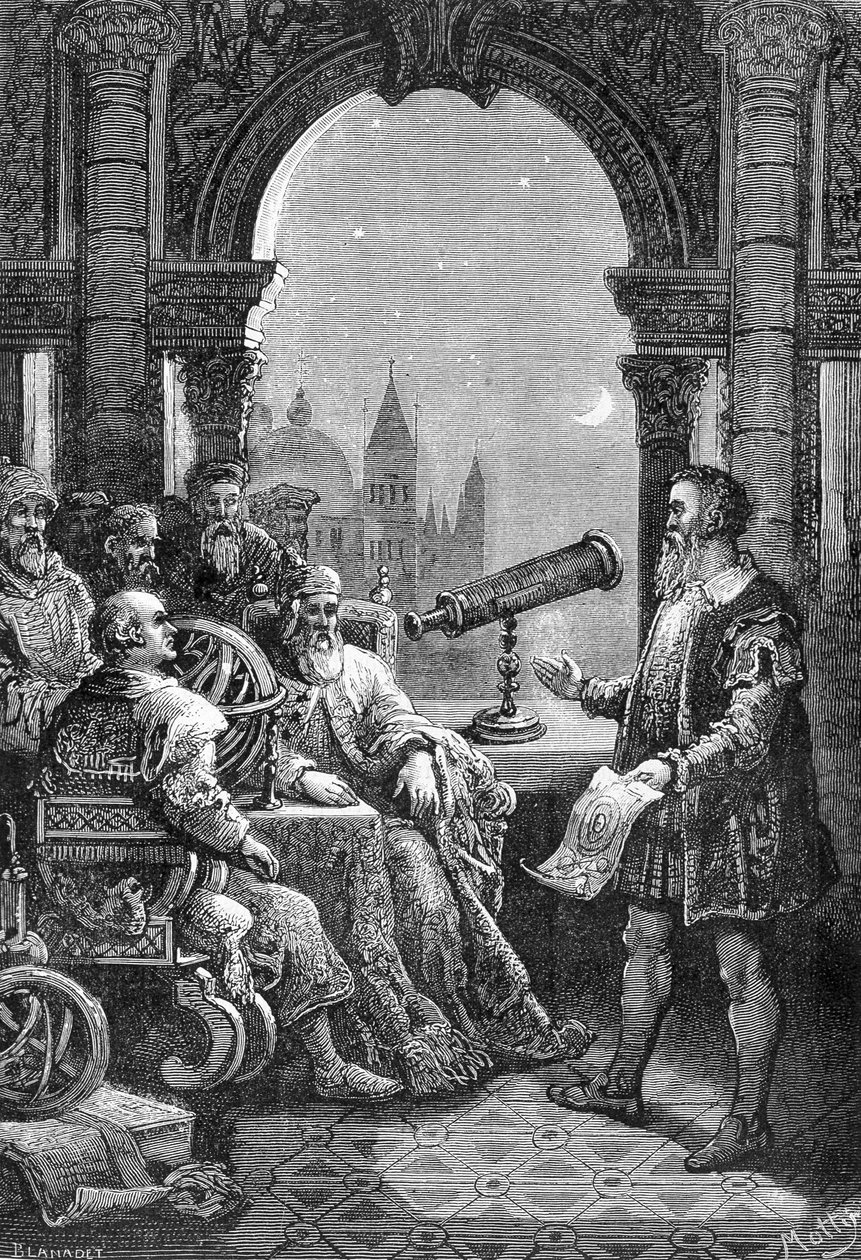 Galileo Galilei (Galileo) præsenterer den første astronomiske bezel ved Doge of Venedig. af Unknown artist