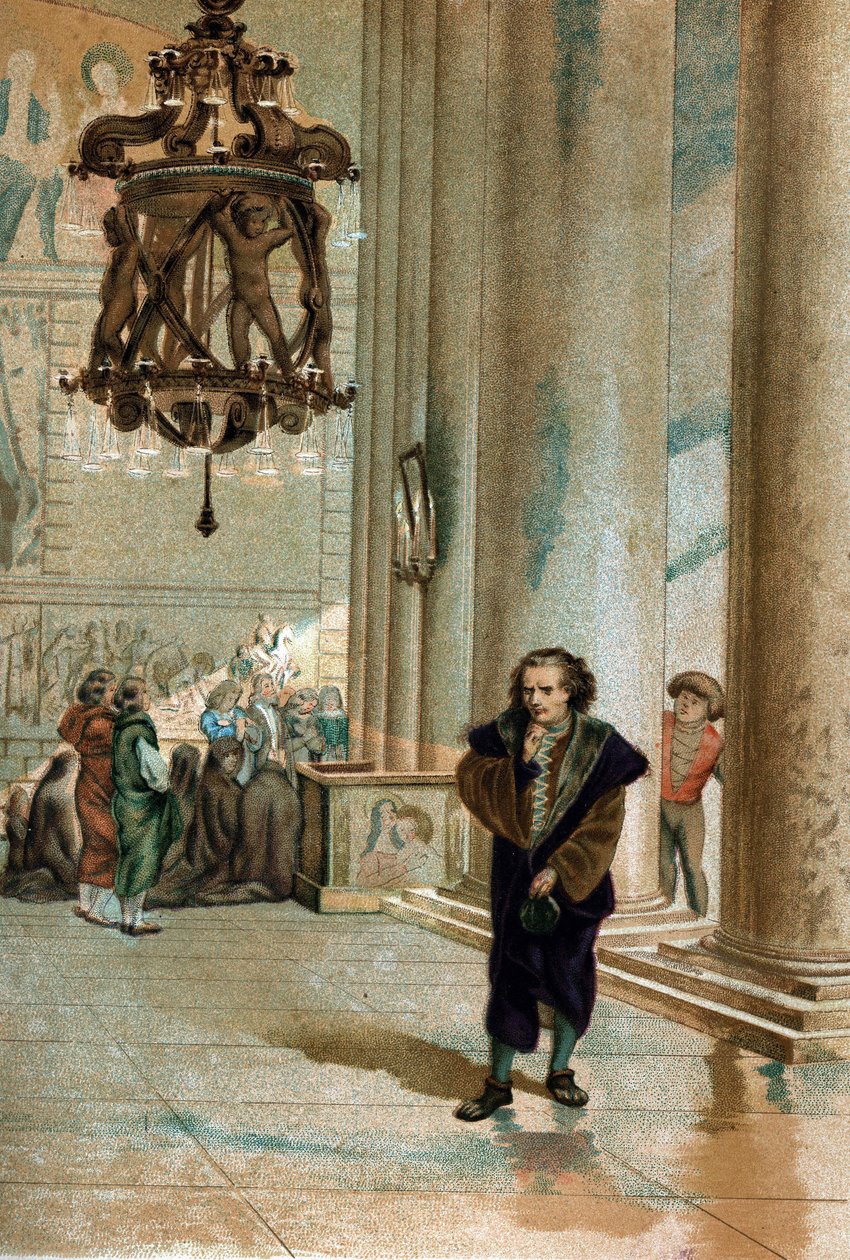 Galileo Galilei dit Galileo (1564 - 1642). Iagttager oscillationen af ​​lampen i katedralen i Pisa. fra "The Science and its Men af ​​Louis Figuier"" Barcelona 1881 af Unknown artist
