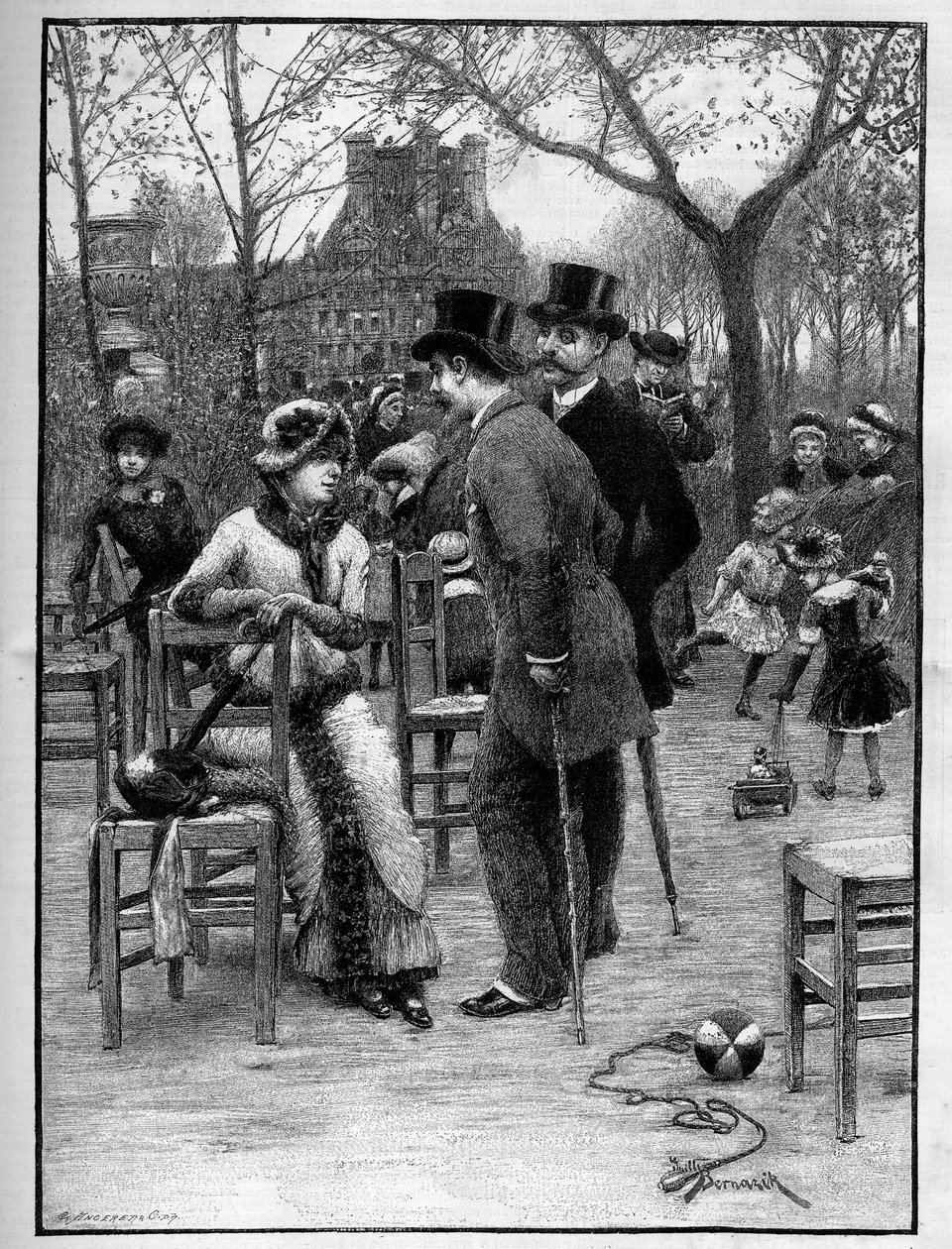 Galant samtale mellem to mænd og en ung kvinde, alle meget elegante, i Tuilerierne i Paris om sommeren. Gravering i "" Le Monde Illustré"" af Unknown artist