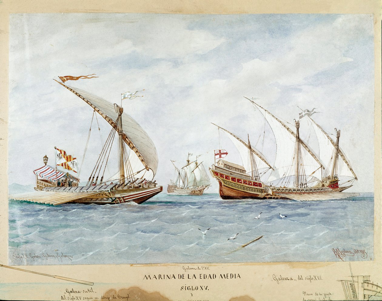 Galley og galeon fra det 15. århundrede (Akvarel af Unknown artist
