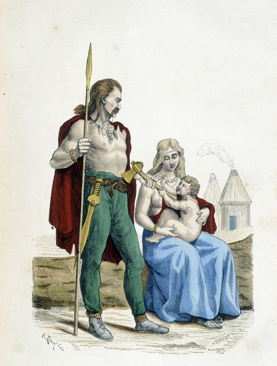 Gallisk familie af primitive tider - i "" Costumes de Paris gennem århundrederne"" af Unknown artist