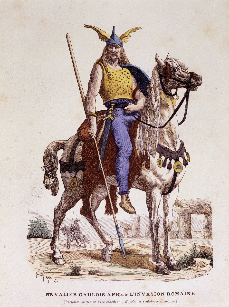 Gallisk rytter efter den romerske invasion - i "" Costumes de Paris gennem århundrederne"" af Unknown artist