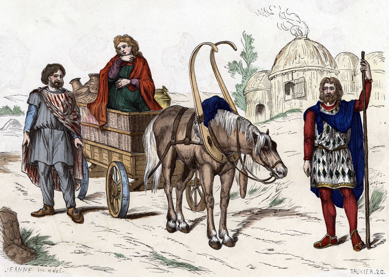Gallisk bolig, kvinde, bonde, vogn, rig bonde, seletøj - i "" Civile og militære dragter af franskmændene i gennem århundrederne Paris F. Roy 1882 ". af Unknown artist