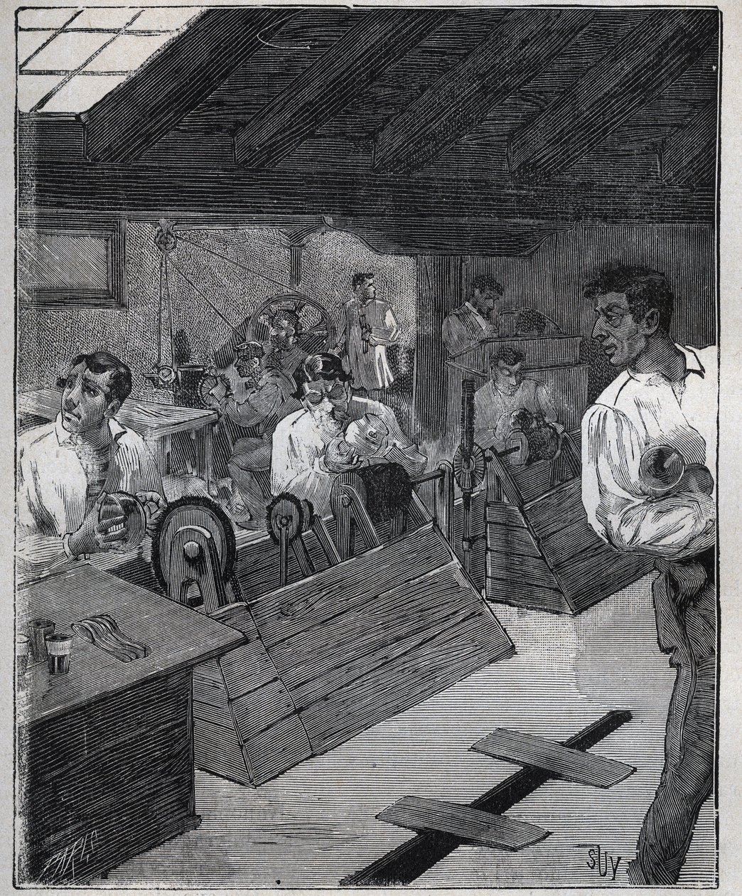 Galvanisk forgyldning: skraber-boessage af guldsmykker med en skraber-boesse. Indgravering fra 1885 i "" Les arts et metiers illustres"" af Adolphe BITARD. af Unknown artist