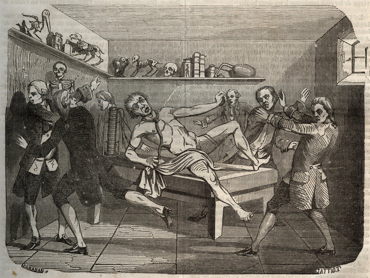 Galvanisering af liget af en bøddel med bunken af Alessandro (Alexandre) Volta: under påvirkning af elektricitet ser liget ud til at komme tilbage til livet. Indgravering fra 1856 i "" Le Musee Des Sciences"" af Unknown artist
