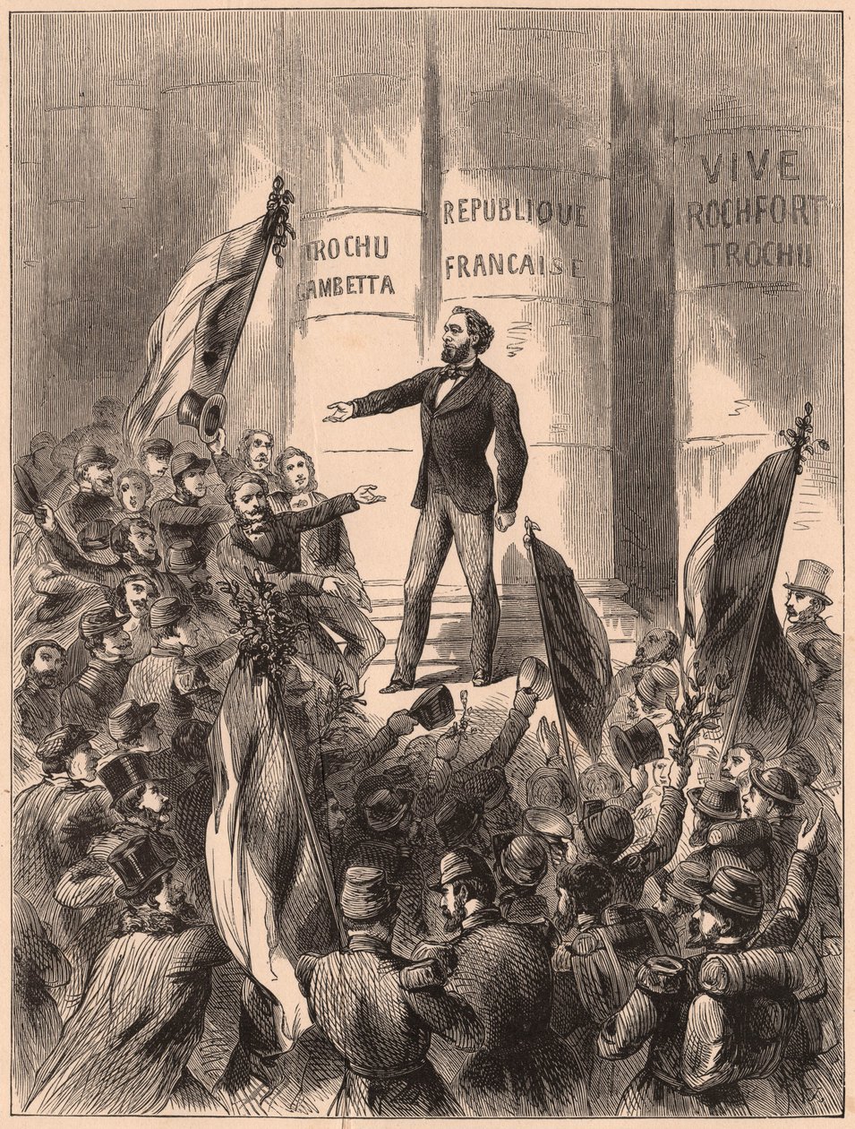 Gambetta på trappen til Hotel de Ville i Paris, hvor han proklamerede republikken efter tilfangetagelsen af Napoleon III i slaget ved Sedan i den fransk-preussiske krig i 1870 af Unknown