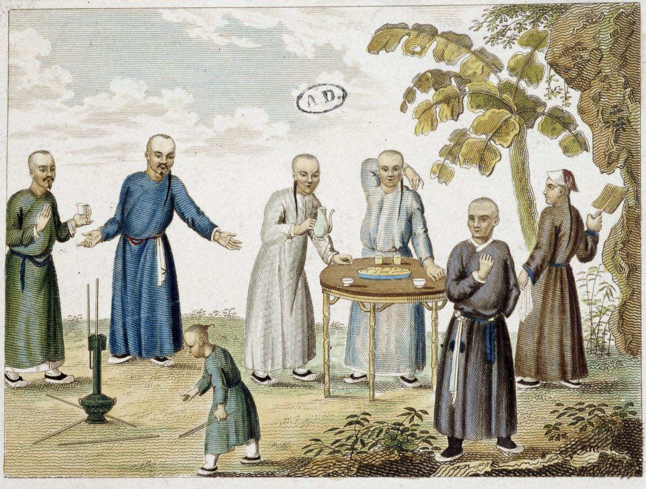 Spil og mænd, der drikker te i Kina - s.d, grav. af Unknown artist