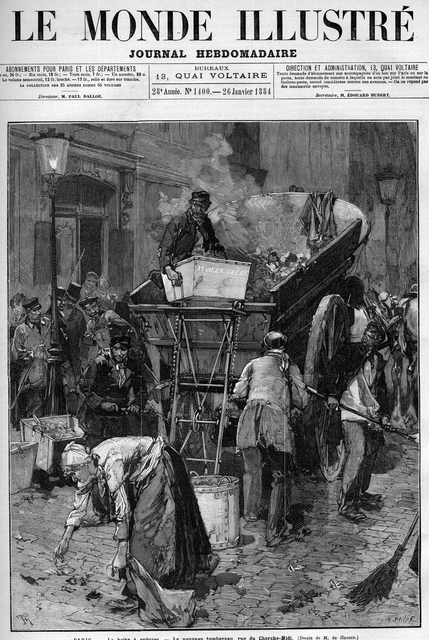 Skraldeboks, den nye lastbil rue du Cherche Midi (Cherche-Midi) i Paris. Mænd og kvinder, der samler affald op på en gade i Paris for at lægge det i en vogn og dermed rydde op i livet. Gravering i "" Le Monde Illustré"" af Unknown artist