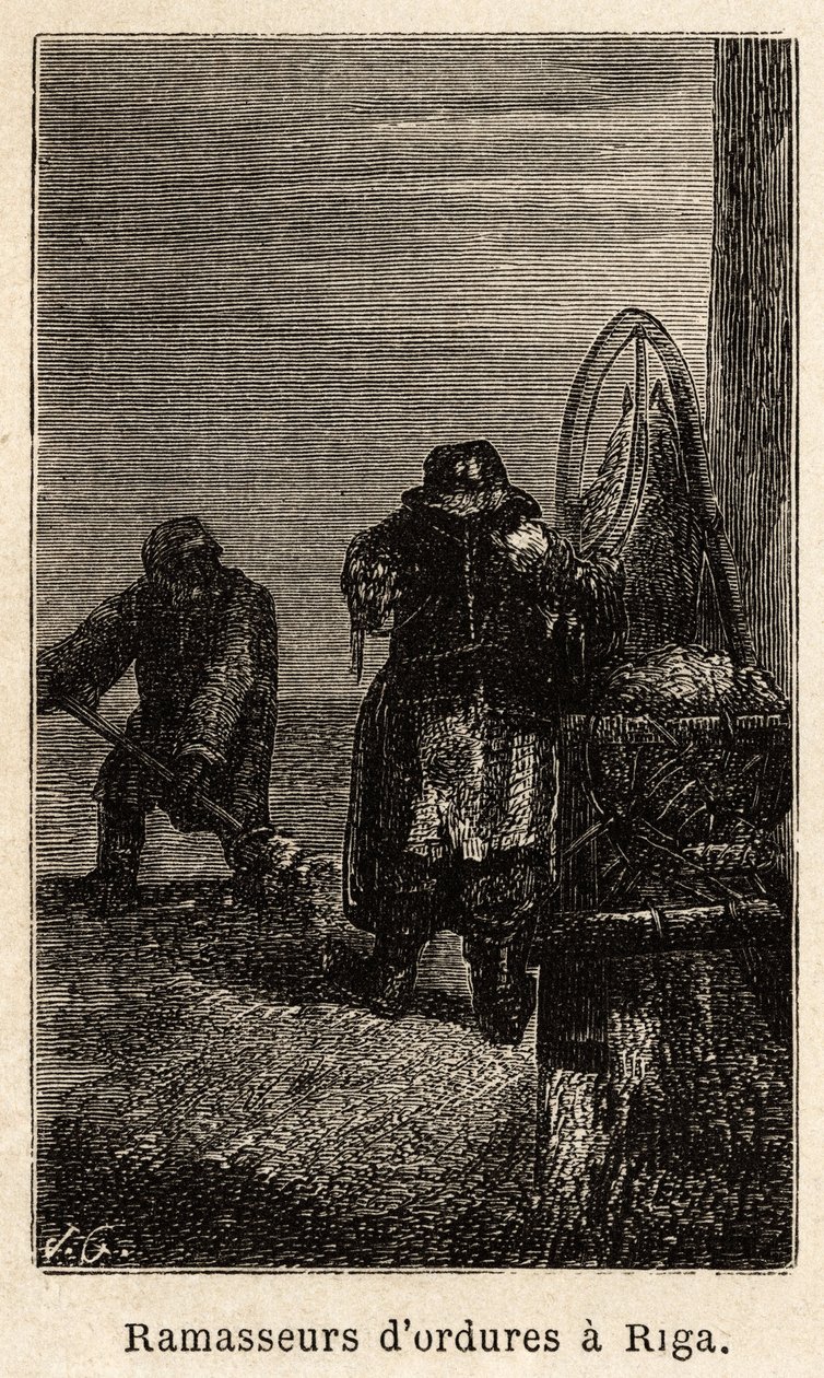 Skraldeplukkere i Riga. Tegning af Henriet, til illustration af hans rejse til de russiske baltiske provinser i 1851-54. Indgravering i "" Le tour du monde"", redigeret af Edouard Charton af Unknown artist