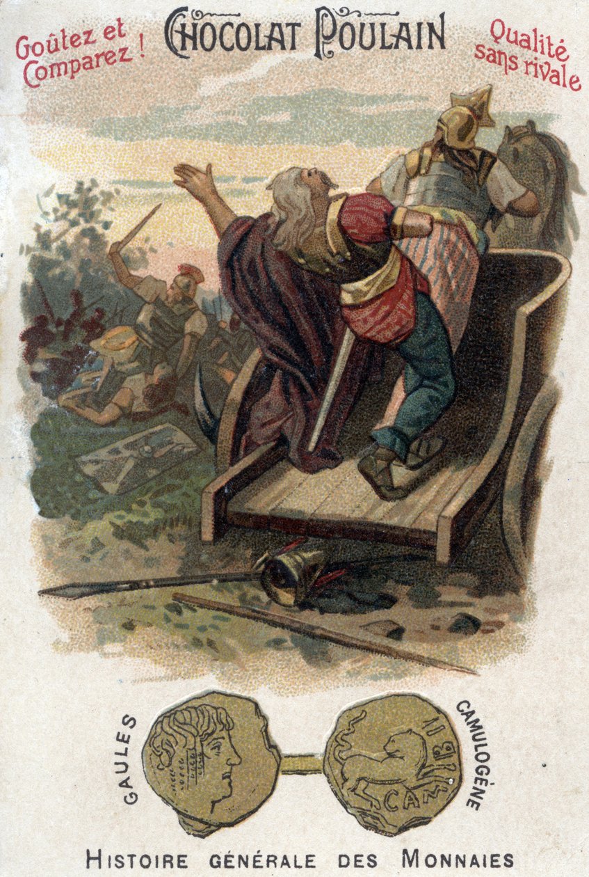 Gallerne Aulerque: Slaget ved Lutece mellem Camulogene og Labienus i 53 f.Kr. I almindelig mønthistorie. Chokolade-føl kromolitografi fra slutningen af det 19. århundrede. Privat samling. af Unknown artist