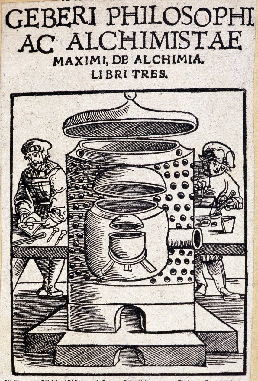 Geberi-filosof og alkymists titelblad på en alkymiaftale. Geber (v721-v815), arabisk alkymist af Unknown artist