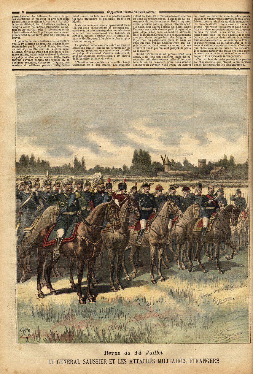 General Felix Gustave (Felix-Gustave) Saussier (1828-1905), militærguvernør i Paris siden 1884, omringede udenlandske militære bånd, gennemgik tropperne under køen den 14. juli 1891 på sletten Bois de Boulogne. Indgravering i "" Le petit journ af Unknown artist