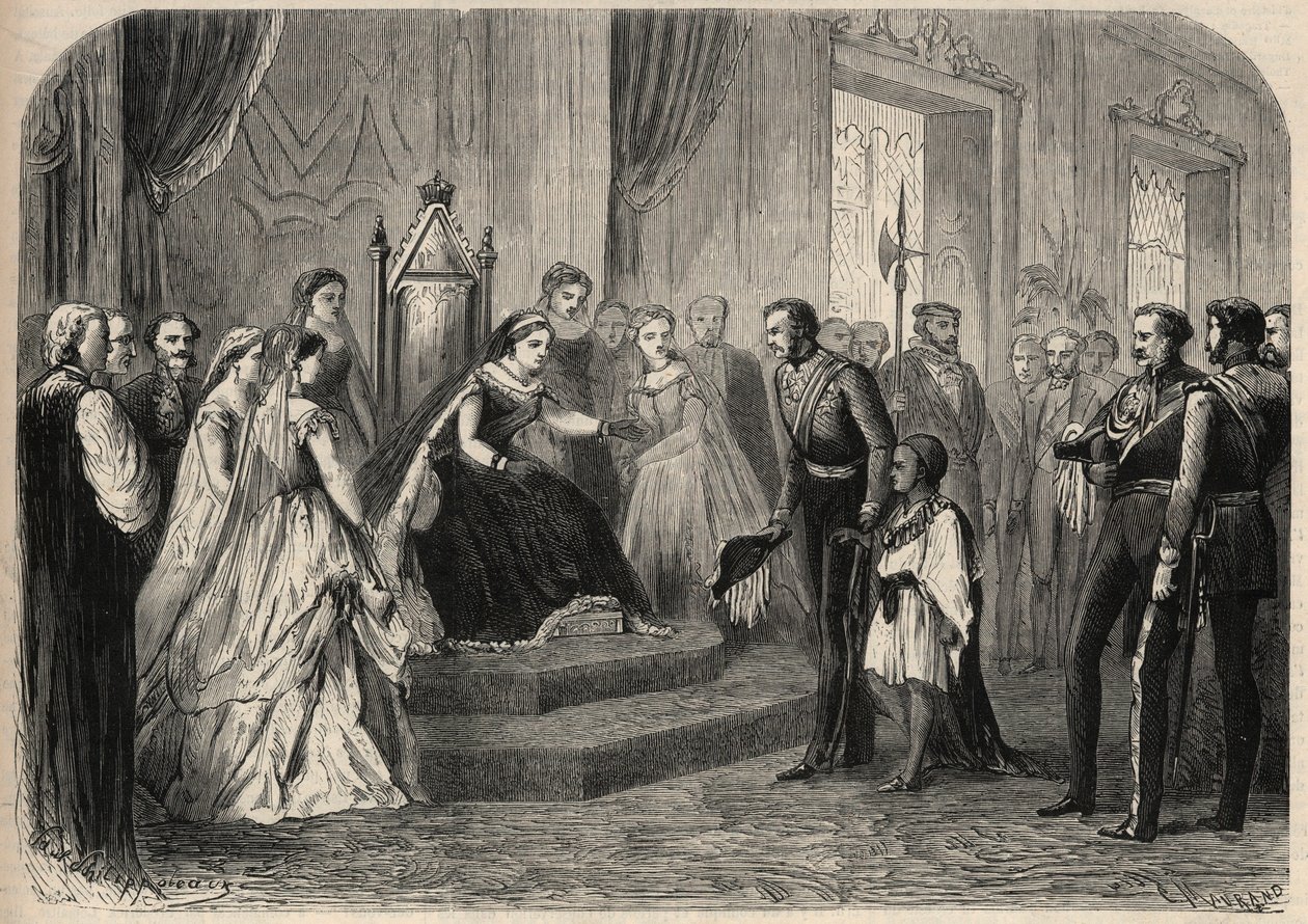 General Robert Cornelis (Cornelius) Napier (1810-1890) introducerede Leul Alemayehou Tewodros (1861-1879), søn af den etiopiske negus Theodoros II (Tewodros), for dronning Victoria Iere (1819-1901). Indgravering i "The Illustrious Universe" af Unknown artist