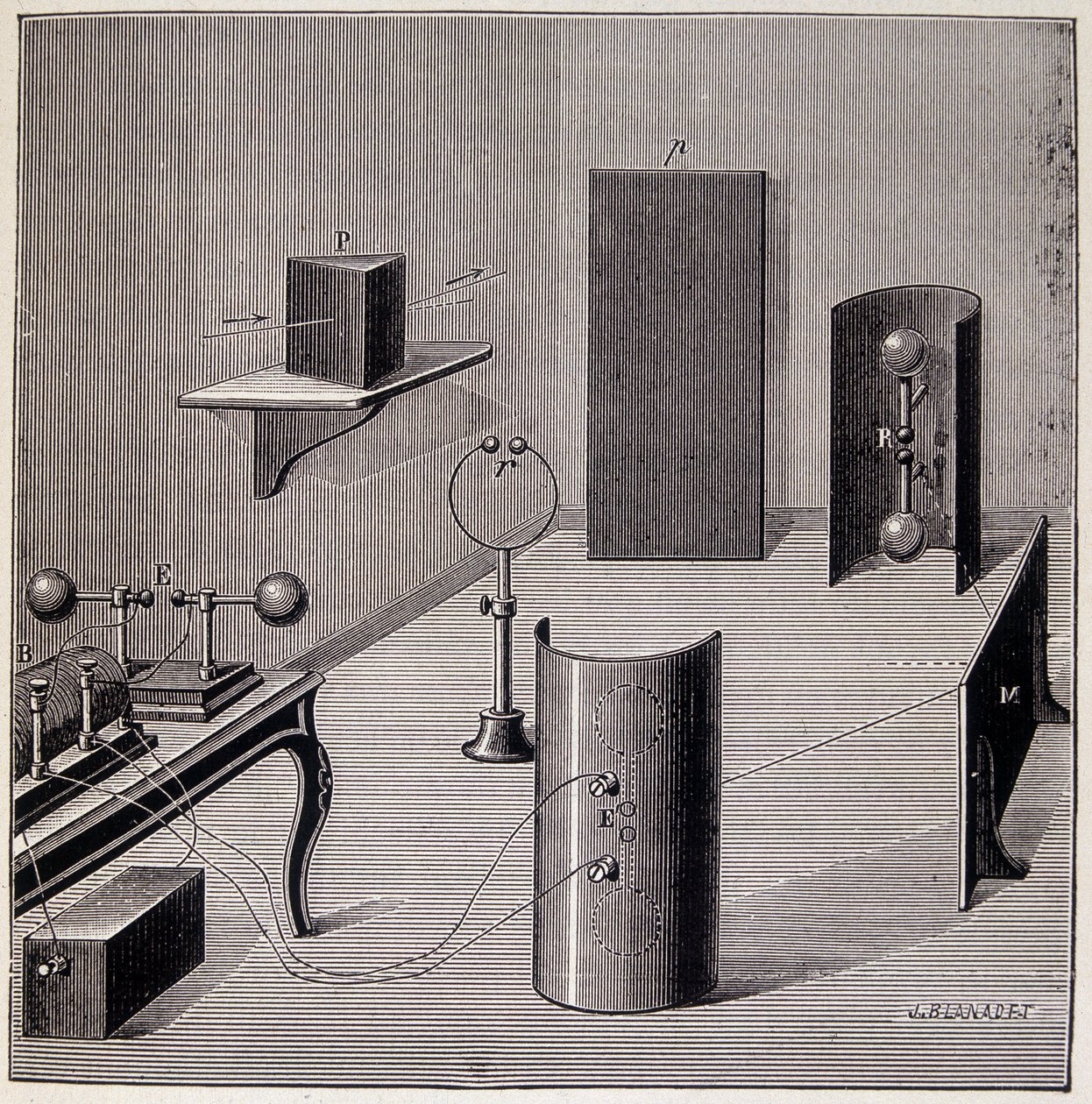 Generelt layout af Heinrich Hertz (1857-1894) eksperimenter på elektriske bølger - i "" Physique populaire" af Emile Desbeaux, Flammarion af Unknown artist