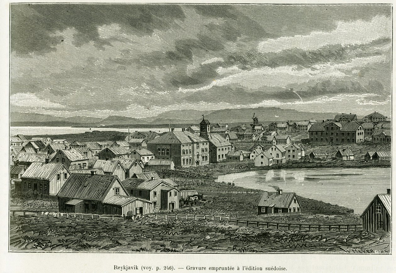 Generel udsigt over Reykjavik. Gravering til illustration af historien Professor Nils Adolf Erik (Eric) Baron Nordenskjold (Nordenskiold) (1832-1901) (1832-1901) ekspedition i Grønland, af Charles Rabot, i tour du monde 1886, under ledelse af Edouard Char af Unknown artist