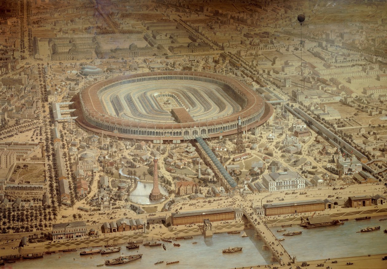 Oversigt over verdensudstillingen i Paris i 1867. I centrum af militærskolen Champ de Mars. Gravering Paris, Musee Carnavalet af Unknown artist