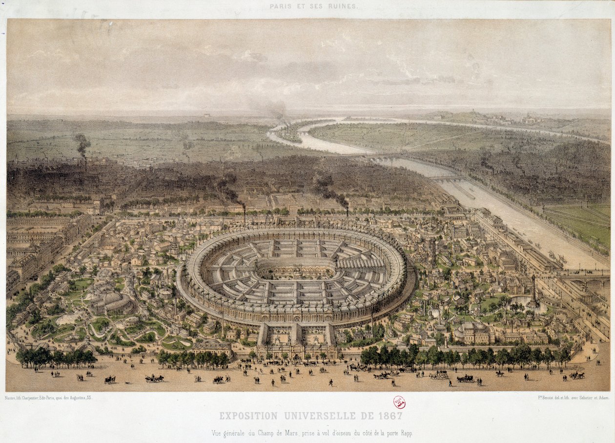 Generelt billede af verdensudstillingen i 1867 taget fra Trocadero i Paris: Champ de Mars og Iena-broen, der krydser Seinen. Litografi af det 19. århundrede. Paris, Musee d