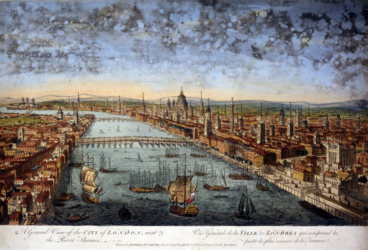 Generel udsigt over byen London, som omfatter den nærmeste del af Themsen. 1800. af Unknown artist