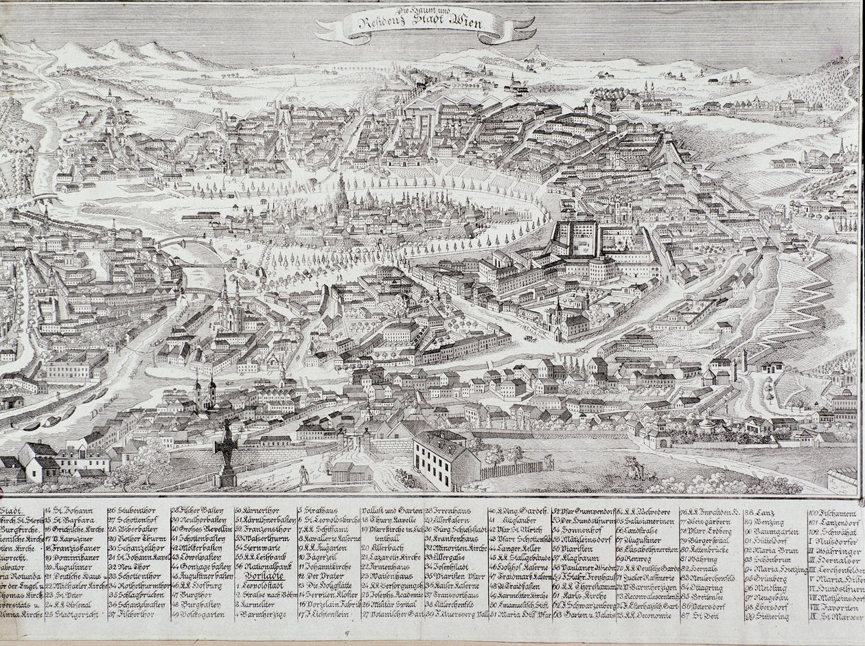 Generel udsigt over byen Wien med detaljer om de vigtigste bygninger og monumenter. Østrigs gravering fra 1800 privatsamling af Unknown artist