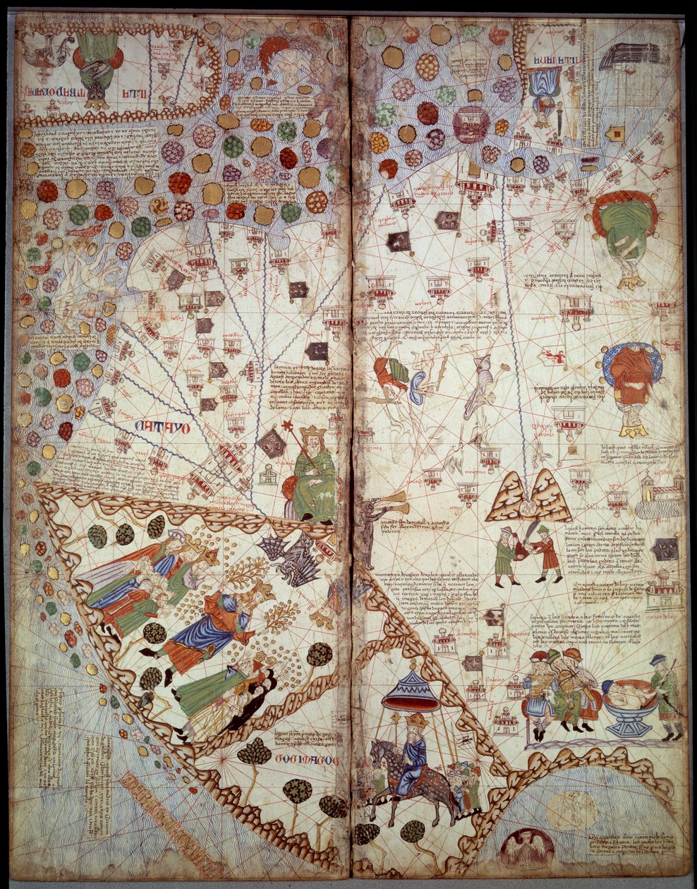 Geografisk kort: Kina, Ganges Valley, Sumatra, Ceylan. Catalansk Atlas (Catalansk kort) (Spanien). Manuskript af 1375 (Folio 2v - folio 3) af Abraham Cresques. BN, Paris af Unknown artist