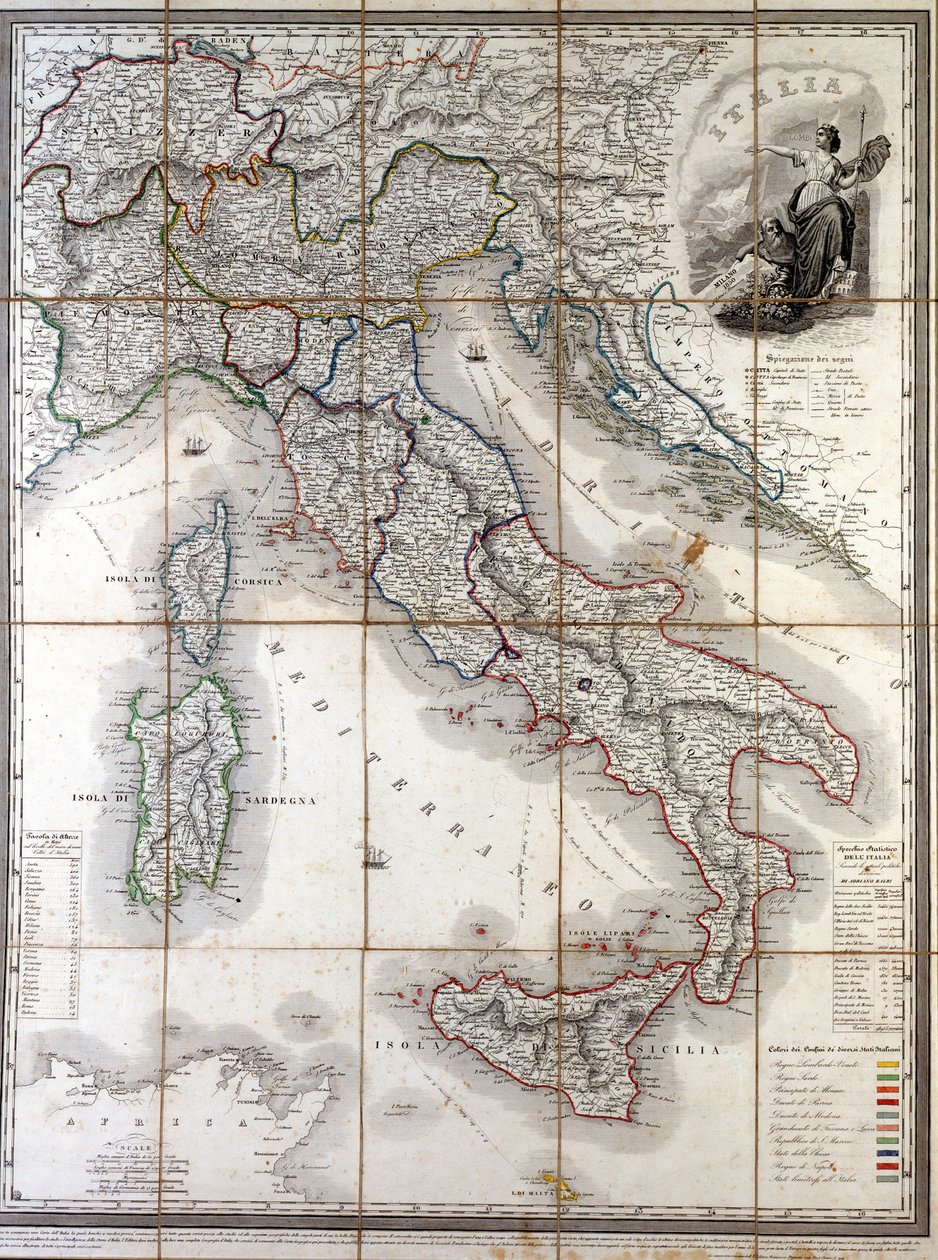 Geografisk kort over Italien i 1850 med afgrænsning af grænserne for de forskellige stater, der udgjorde landet før Risorgimento. af Unknown artist