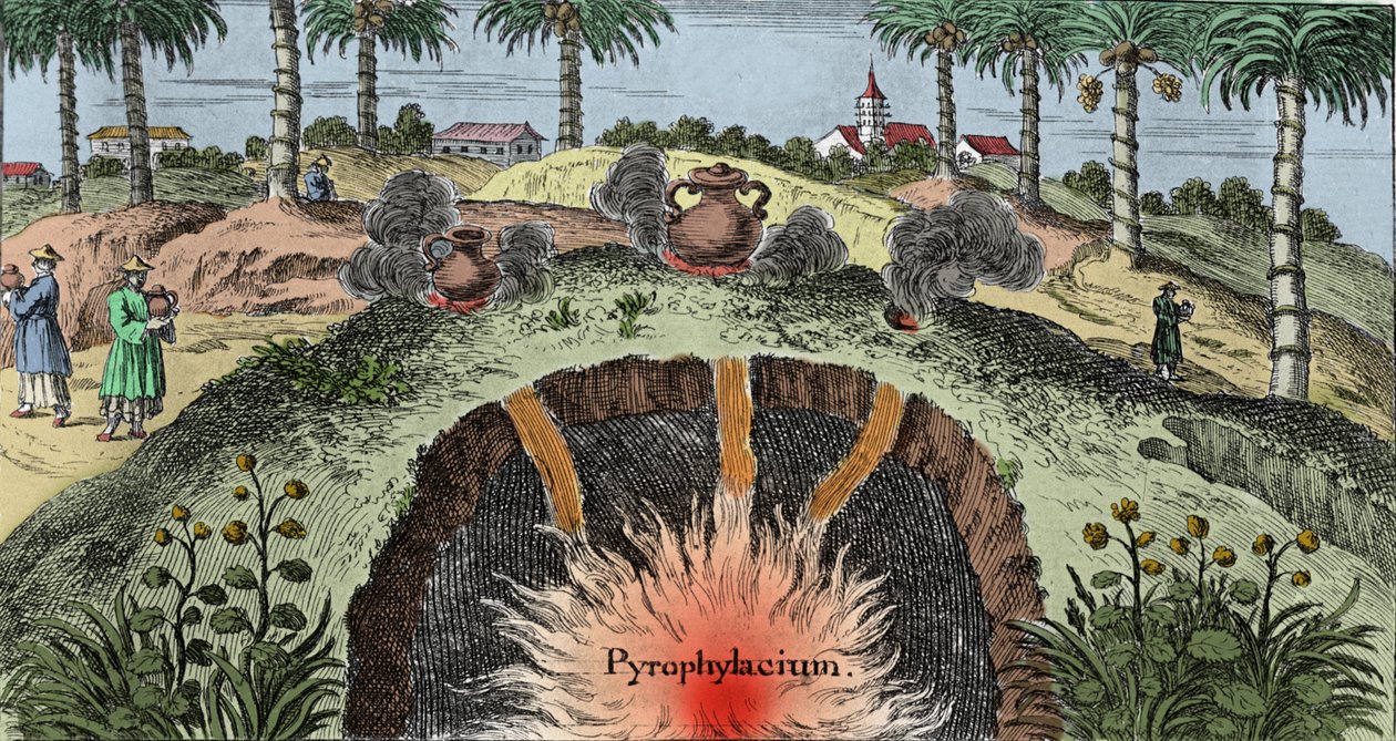 Geologi: skære jordens bark for at forklare ildens udgang fra jorden. Gravering fra "Mundi Mirabilis Oeconomia"" af Johann Zahn (1631-1707) af Unknown artist
