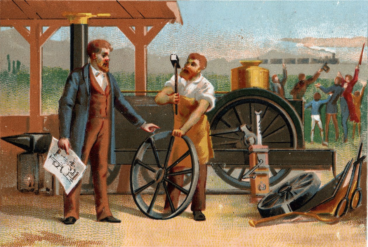 George Stephenson (1781-1848) repræsenteret med en af sine opfindelser: lokomotivet. Sen kromolitografi af det 19. århundrede. af Unknown artist