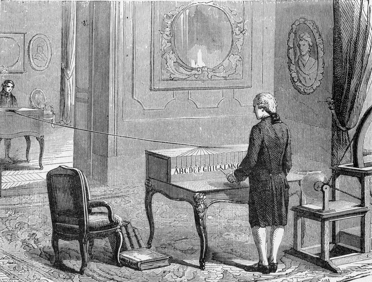 Georges Lesage, opfinder af den første elektroniske telegraf foran en prototype. 1774. Stik 1800-tallet. af Unknown artist