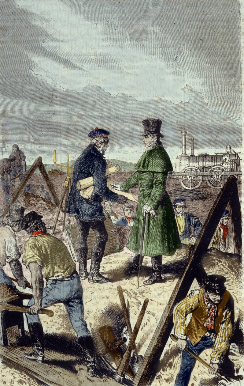 Georges Stephenson (1781-1848), engelsk ingeniør, bygmester af Liverpool Manchester Road med sit første lokomotiv. af Unknown artist