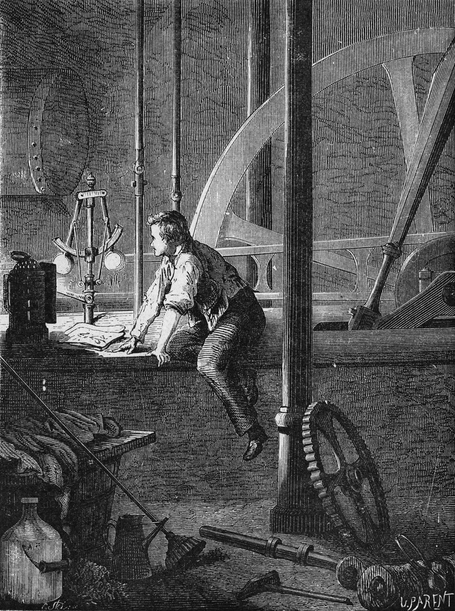 Georges Stephenson, en chaufførarbejder i Newcastle, skiller ad og reparerer sin dampmaskine. I” Album de la Science”, Éditions Jouvet af Unknown artist
