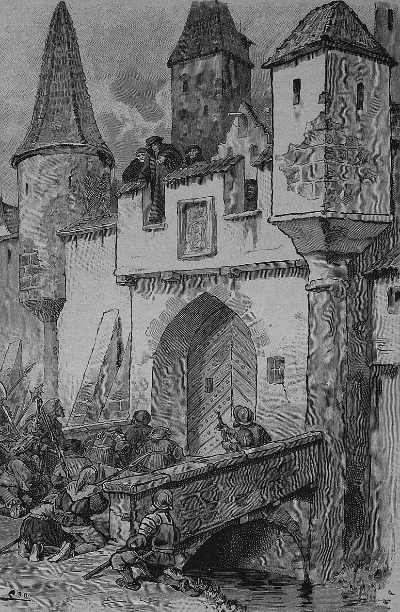 Den tyske bondekrig (1524-1526): Eberlin travle byfolk ved Augstbruecke til Erfurt, Johann Eberlin Gunzburg var en tysk teolog og social reformator, Reformationen i Franken af Unknown artist