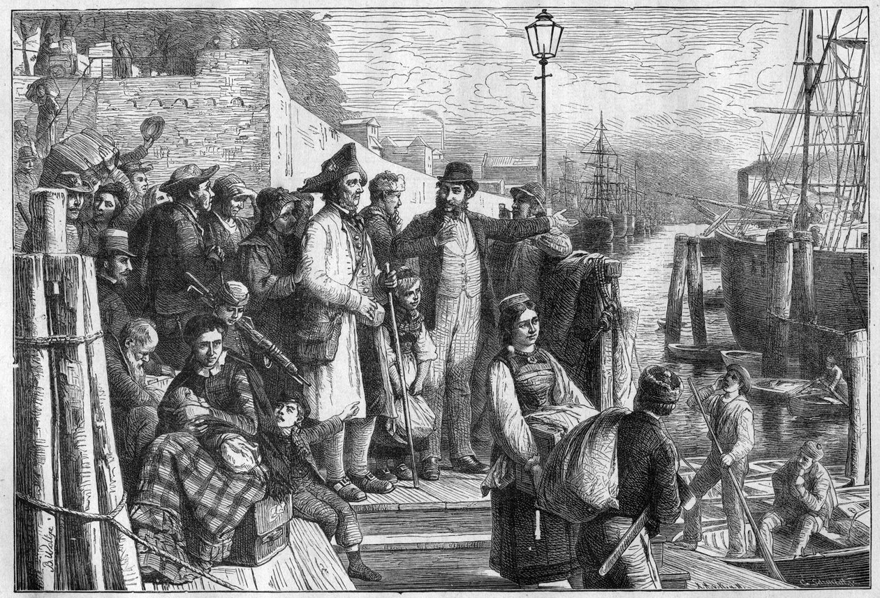 Tyske emigranter til New York, der går om bord på Hamborg dampskib i 1874, gravering - (Deutsche Emigranten) af Unknown artist