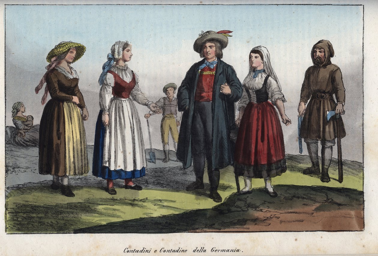 Tyske bønder - gravering fra "" Skikke og skikke for alle folk i universet. Det vil sige historien om regeringen, lovene, militsen, om alle nationers religion fra de fjerneste tider til i dag "1856 af Unknown artist