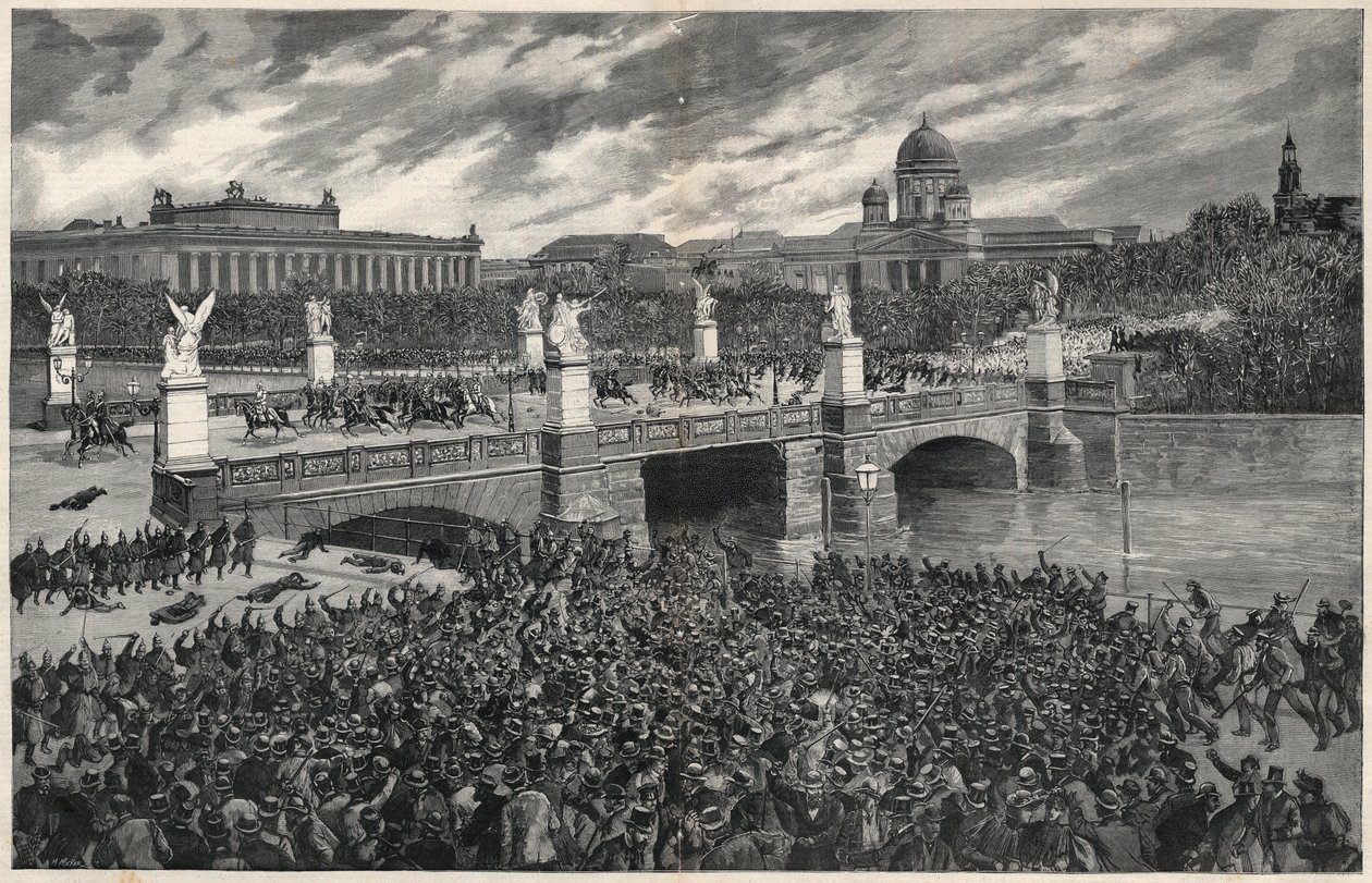 Tyske arbejdere, der gør optøjer i Berlin, bliver ryddet væk af politiet for at tillade Kaiser Wilhelms passage af Unknown artist