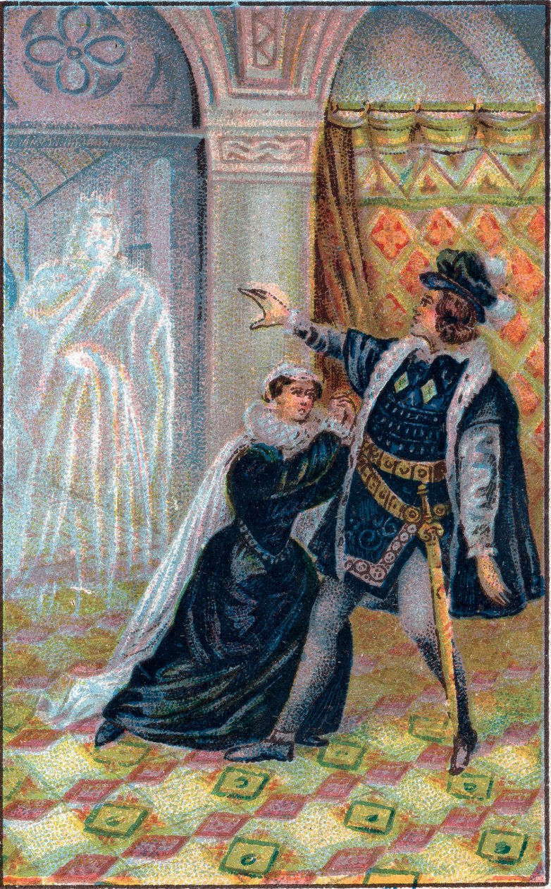 Gertrude, Hamlet og Hamlets fars spøgelse. I "" Hamlet", af William Shakespeare. Kromolitografi i slutningen af det 19. århundrede. af Unknown artist