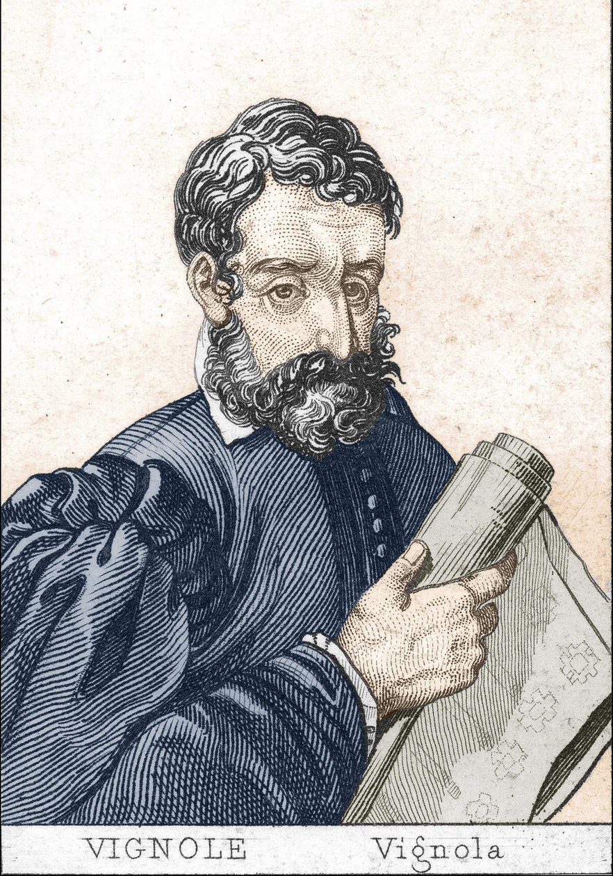 Giacomo Barozzi, som Vignola, på fransk, Le Vignole, holder en plan. af Unknown artist