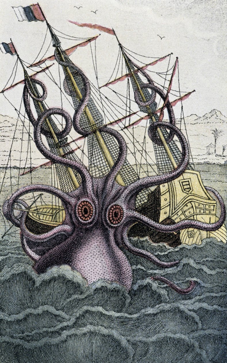 Kæmpe blæksprutte (Kraken) angriber et skib - fra Denys-Montfort i "Histoire naturelle des mollusques"", Paris af Unknown artist