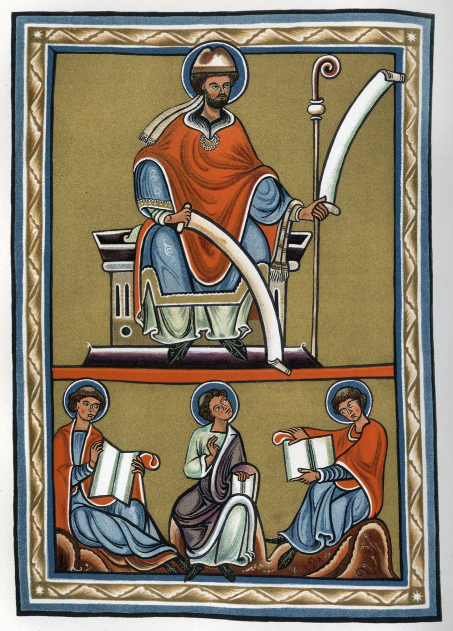 Gilbert de la Porree (Porretanus, skolastisk teolog) og hans disciple, Jourdain Fantosme, Yves de Chartres og Jean Beleth. Faksimile fra det 19. århundrede af en miniature fra det 12. århundrede i "" Kommentar til De Trinitate de Boece"" (Boezio). Privat s af Unknown artist