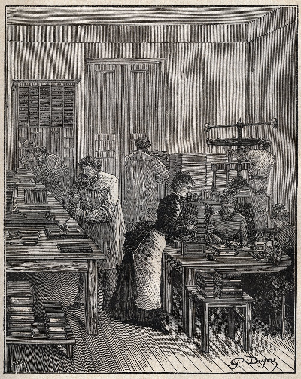 Forgyldning af bøger (omslag) i jern på et værksted i Frankrig i 1800-tallet. Indgravering fra 1885 i "" Les arts et metiers illustres"" af Adolphe BITARD. af Unknown artist