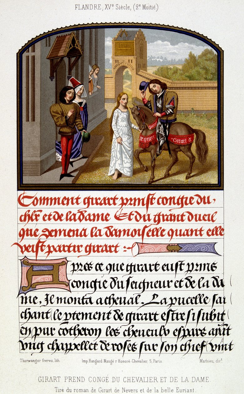 Girart tager afsked med ridderen og damen - faksimile af belysning af det 15. århundrede af Unknown artist