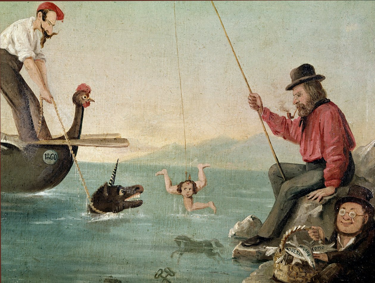 Giuseppe Garibaldi fisker i Trinacria. Satirisk maleri, Giuseppe Garibaldi fisker i "Trinacria" af Unknown Artist