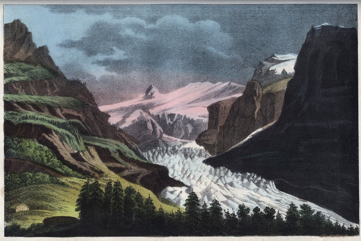 Glacier de Grindelwald i Schweiz - Schweiz, Grindelwald-gletsjeren i det 19. århundrede - indgravering fra "" Skikke og traditioner for alle mennesker i universet. Det er historien om regeringen, lovene, militsen, om religionen fra alle nationerne af Unknown artist