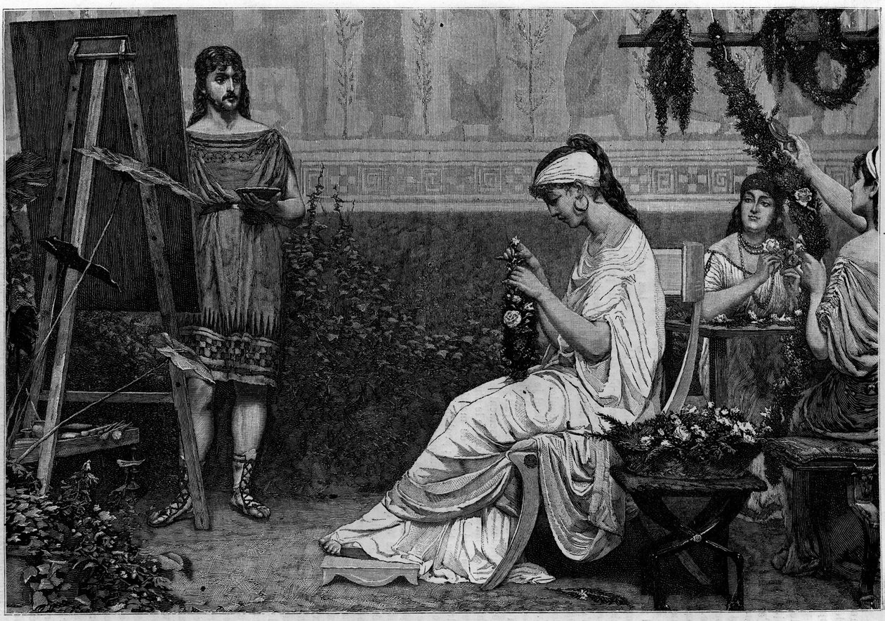 Glycer poserer foran den græske maler Pausias (4. århundrede f.Kr.) til maleriet "" Stephanopoclos""". Indgravering i "Le journal de la jeunesse"" af Unknown artist