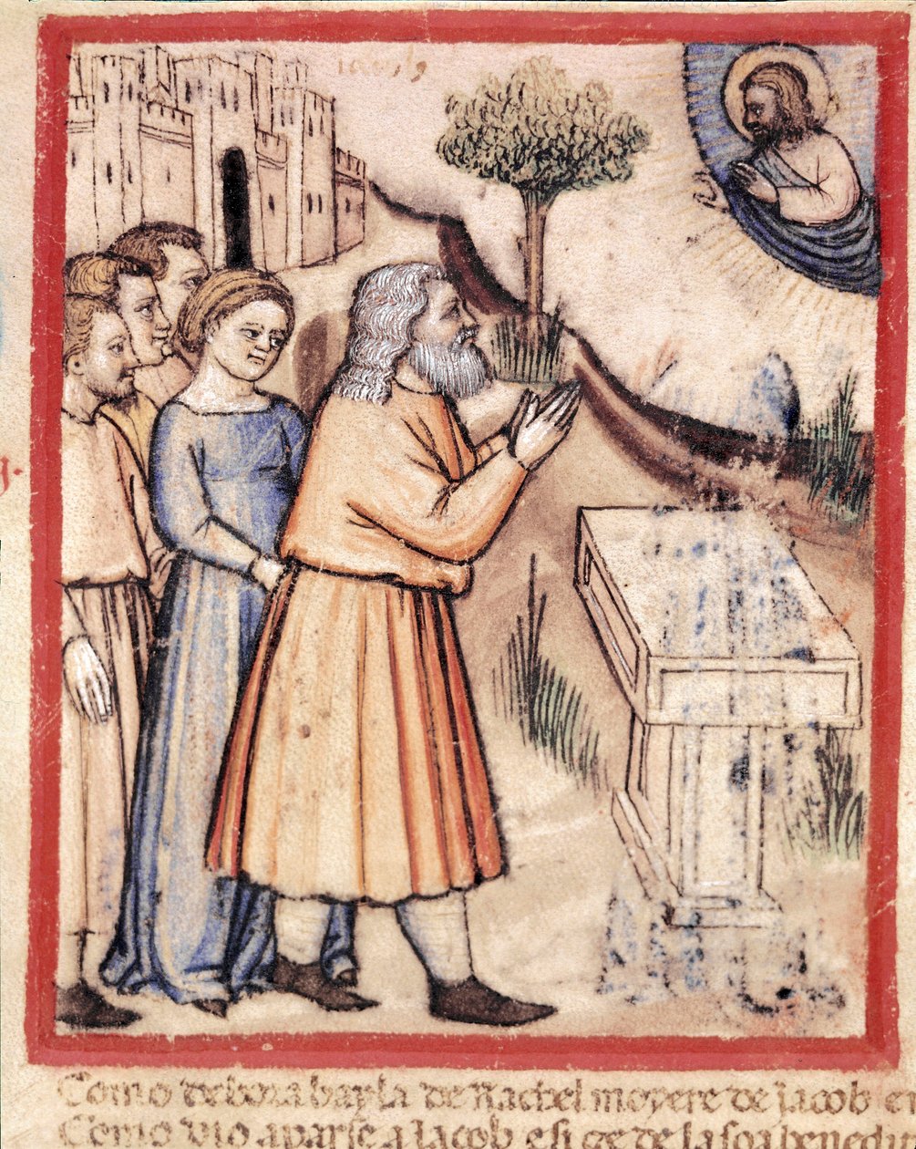 Gud viser sig for Jakob efter at have opbygget et miniaturealter fra codex 212 (eller Padovano Codice eller Bible of Padua) 1390-1400 Rovigo, Accademia dei Concordi af Unknown artist