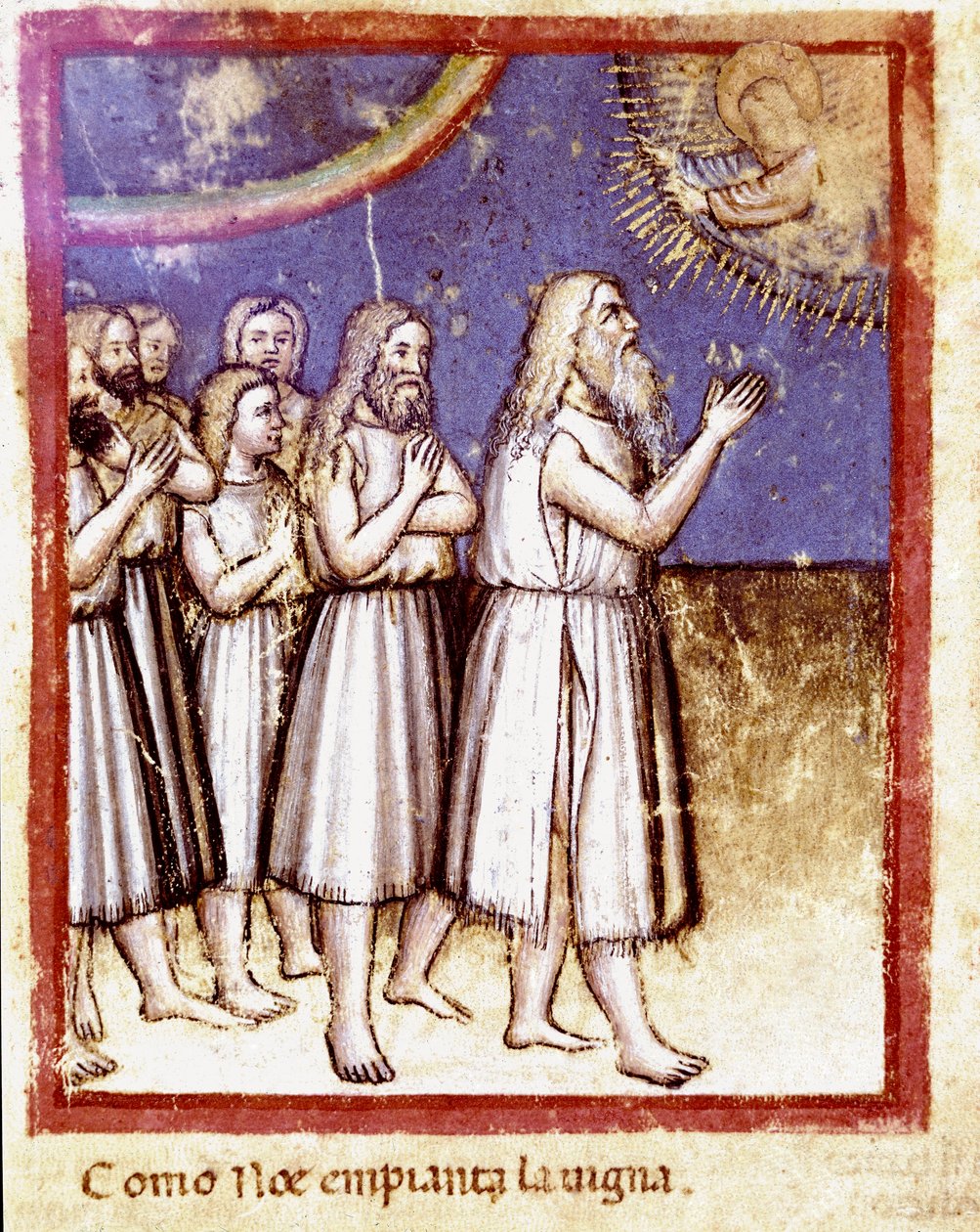 Gud velsignede Noe og hans families overlevende fra Deluge Miniature fra codex 212 (eller padovano codice eller Bible of Padua) 1390-1400 Rovigo, Accademia dei Concordi af Unknown artist