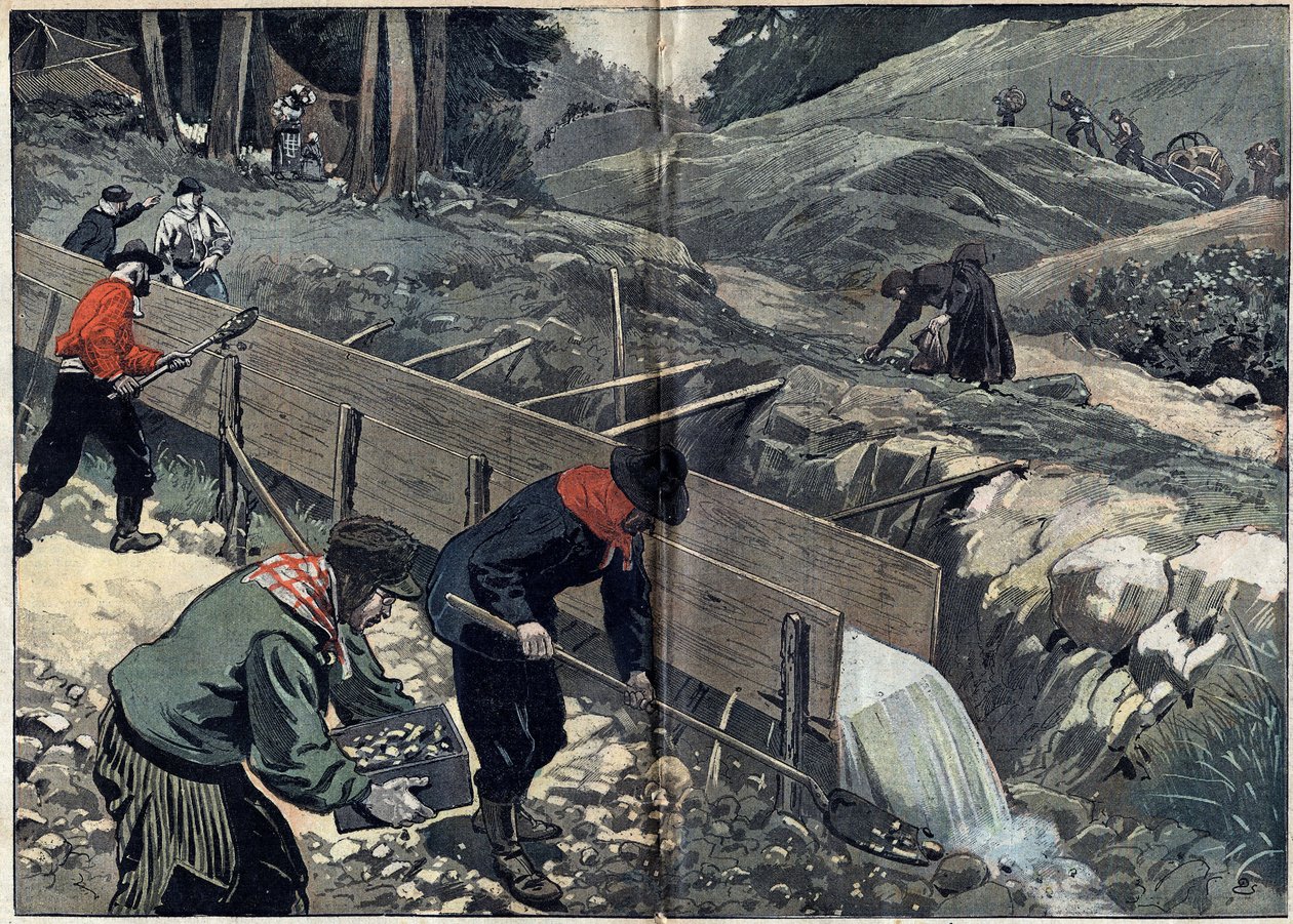 Gold Rush i Alaska: Guldsøgende vasker guldmudder. En kvinde samler pepiter op, mens nye guldsøgende ankommer til lejren. Illustration i "" Le Pelerin"" af 20. februar af Unknown artist